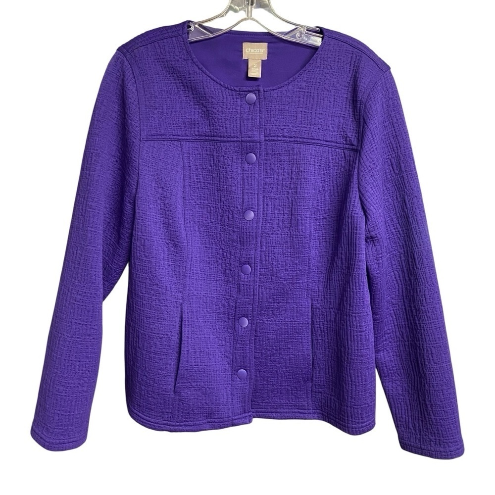 Chico's Vibrant Purple Women's Blazer Size L Snap Front Collarless Career Office